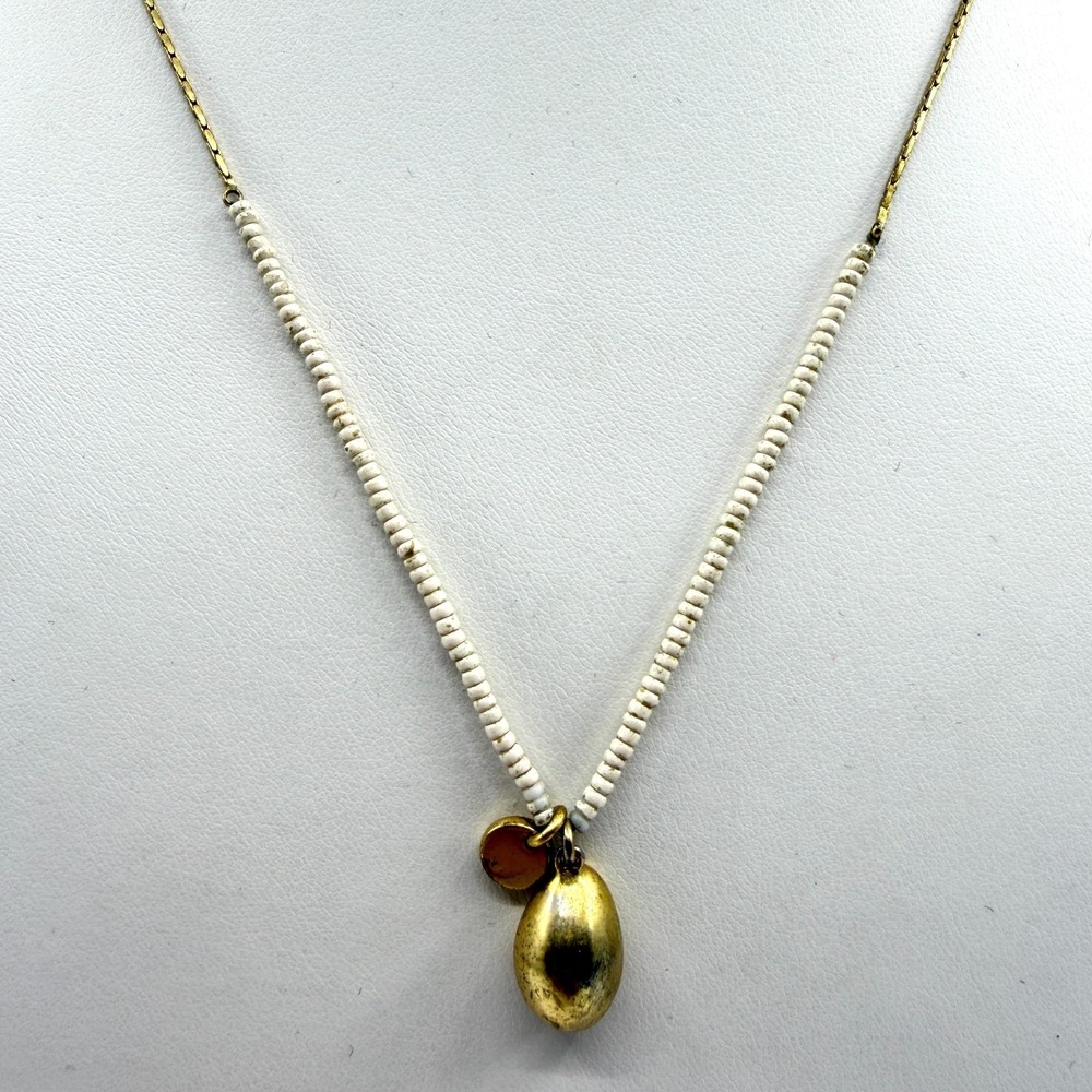 Boho Seed Bead Shell Charm Necklace Gold Tone Pendant Minimalist Festival Gift